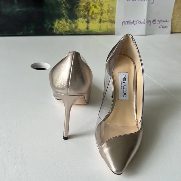 Jimmy Choo champagne color & plastic trim 8.5M(38.5) pointed toe classic pumps